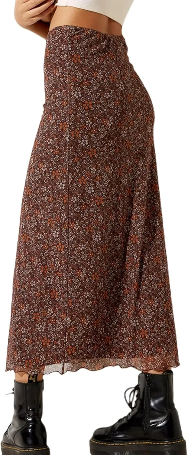 Avanova Women Mesh Floral Boho High Waist Midi Skirt Lettuce Trim Summer A Line Skirt