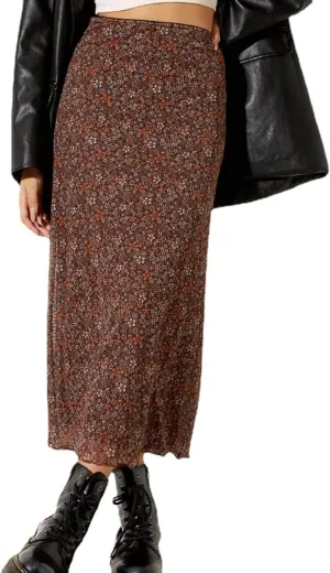 Avanova Women Mesh Floral Boho High Waist Midi Skirt Lettuce Trim Summer A Line Skirt