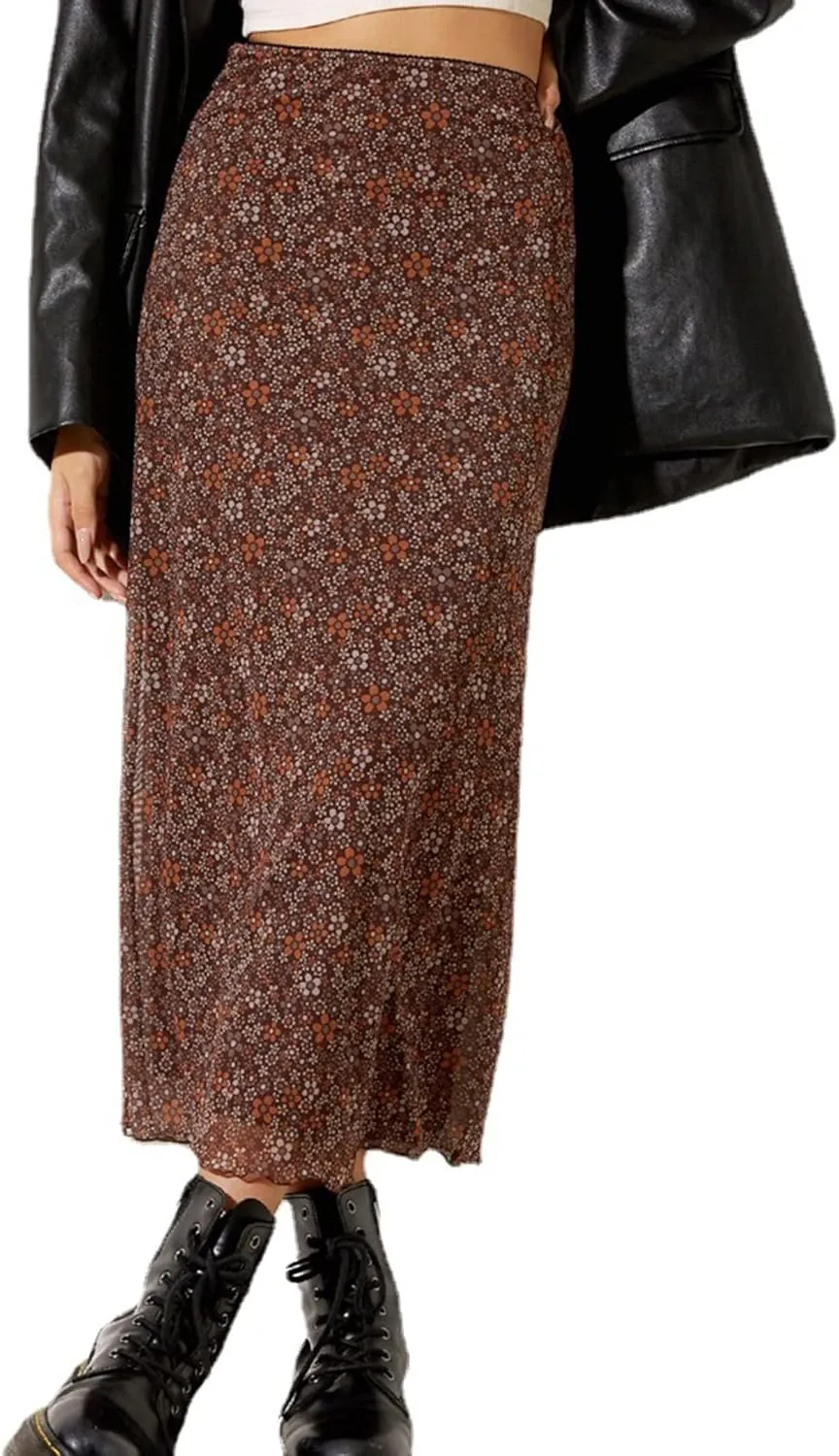 Avanova Women Mesh Floral Boho High Waist Midi Skirt Lettuce Trim Summer A Line Skirt