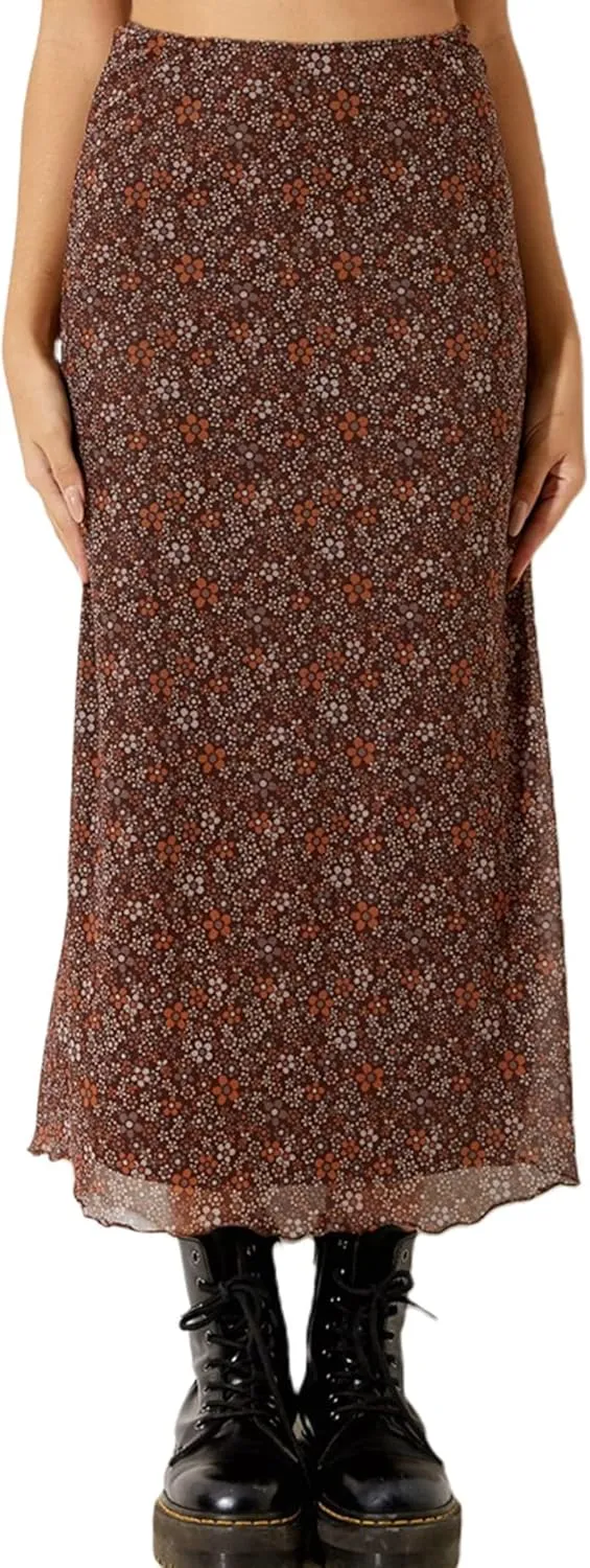 Avanova Women Mesh Floral Boho High Waist Midi Skirt Lettuce Trim Summer A Line Skirt