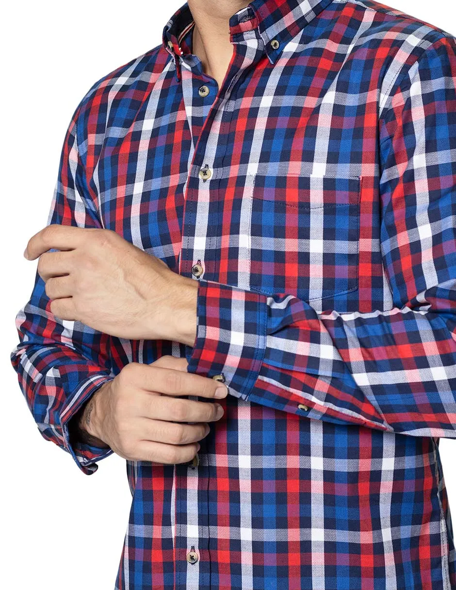 Camisas Hombre Casuales De Manga Larga Con Estampado De Cuadros Relaxed Fit B35108 Rojo