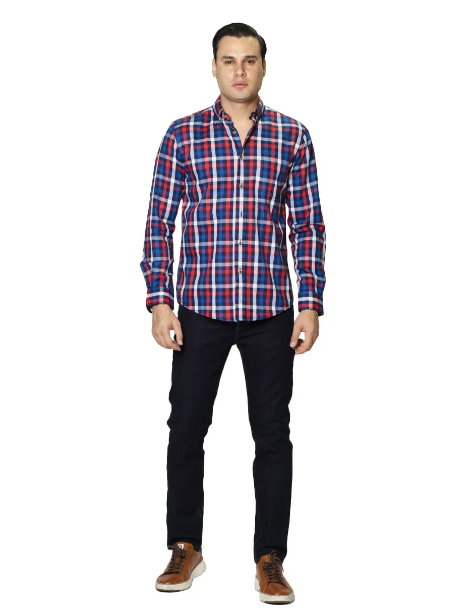 Camisas Hombre Casuales De Manga Larga Con Estampado De Cuadros Relaxed Fit B35108 Rojo