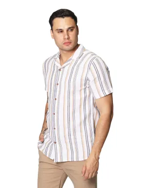Camisas Para Hombre De Manga Corta Con Estampado De Cuadros Cuello Abierto Con Textura Relaxed Fit B41379 Hueso