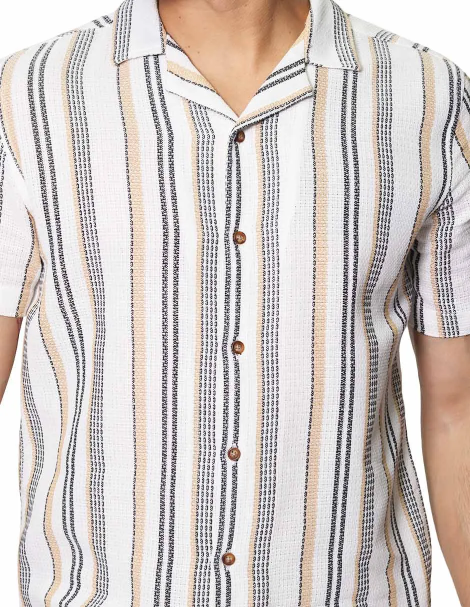 Camisas Para Hombre De Manga Corta Con Estampado De Cuadros Cuello Abierto Con Textura Relaxed Fit B41379 Hueso