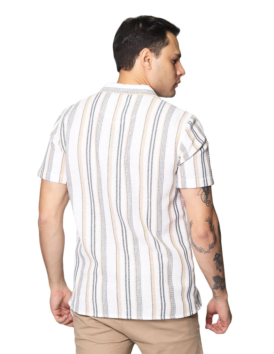 Camisas Para Hombre De Manga Corta Con Estampado De Cuadros Cuello Abierto Con Textura Relaxed Fit B41379 Hueso