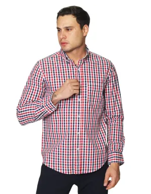 Camisas Para Hombre De Tela Mascota Con Estamado De Cuadros De Manga Larga Cuello Button Down Regular Fit B41208 Rojo