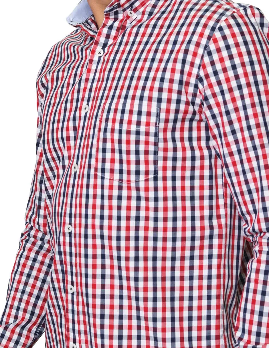 Camisas Para Hombre De Tela Mascota Con Estamado De Cuadros De Manga Larga Cuello Button Down Regular Fit B41208 Rojo