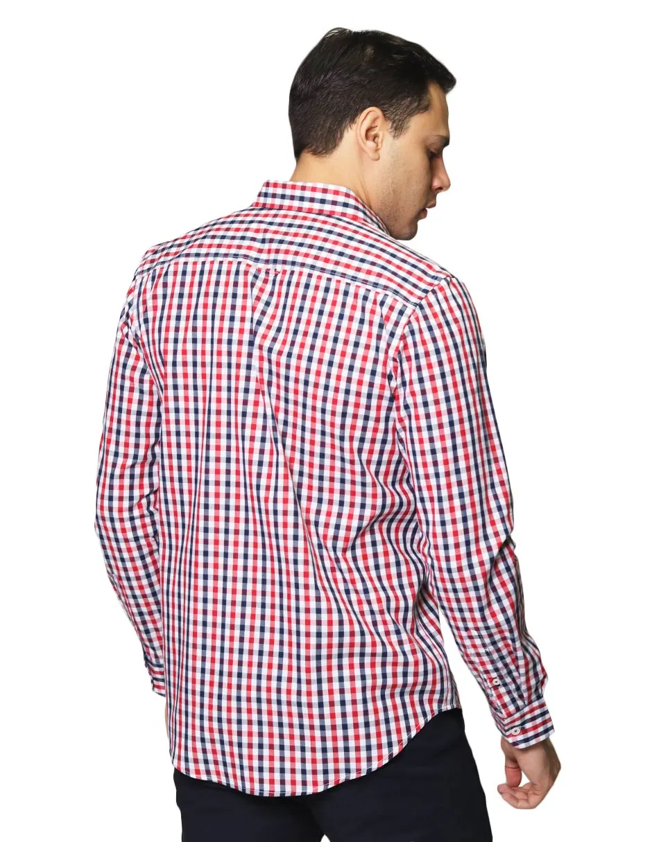 Camisas Para Hombre De Tela Mascota Con Estamado De Cuadros De Manga Larga Cuello Button Down Regular Fit B41208 Rojo