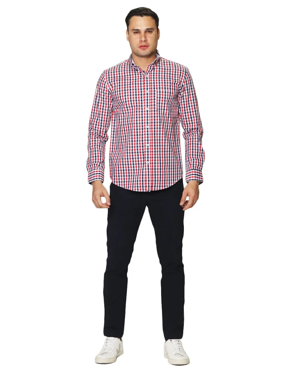 Camisas Para Hombre De Tela Mascota Con Estamado De Cuadros De Manga Larga Cuello Button Down Regular Fit B41208 Rojo
