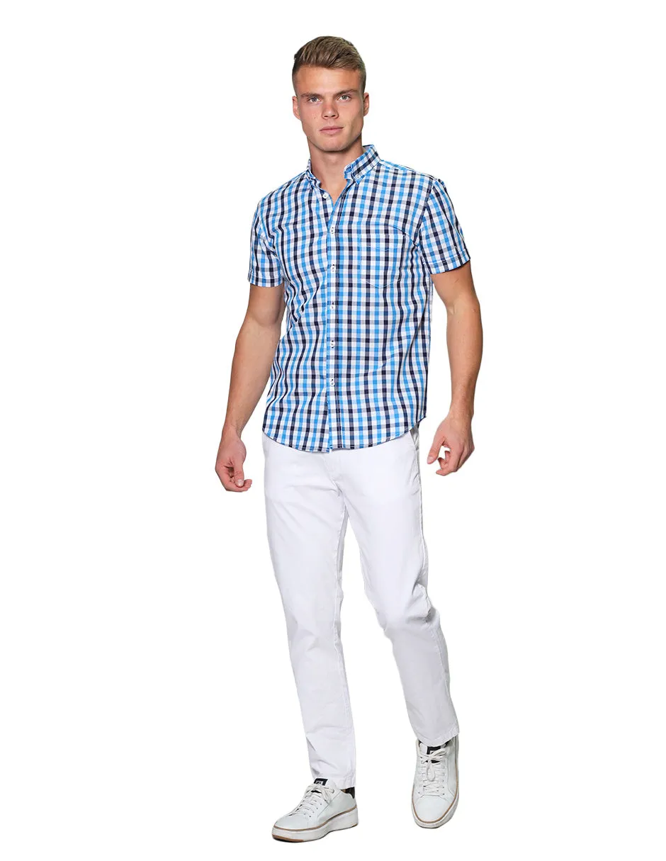 Camisas Para Hombre Manga Corta Cuadros Regular Fit B31251 Azul