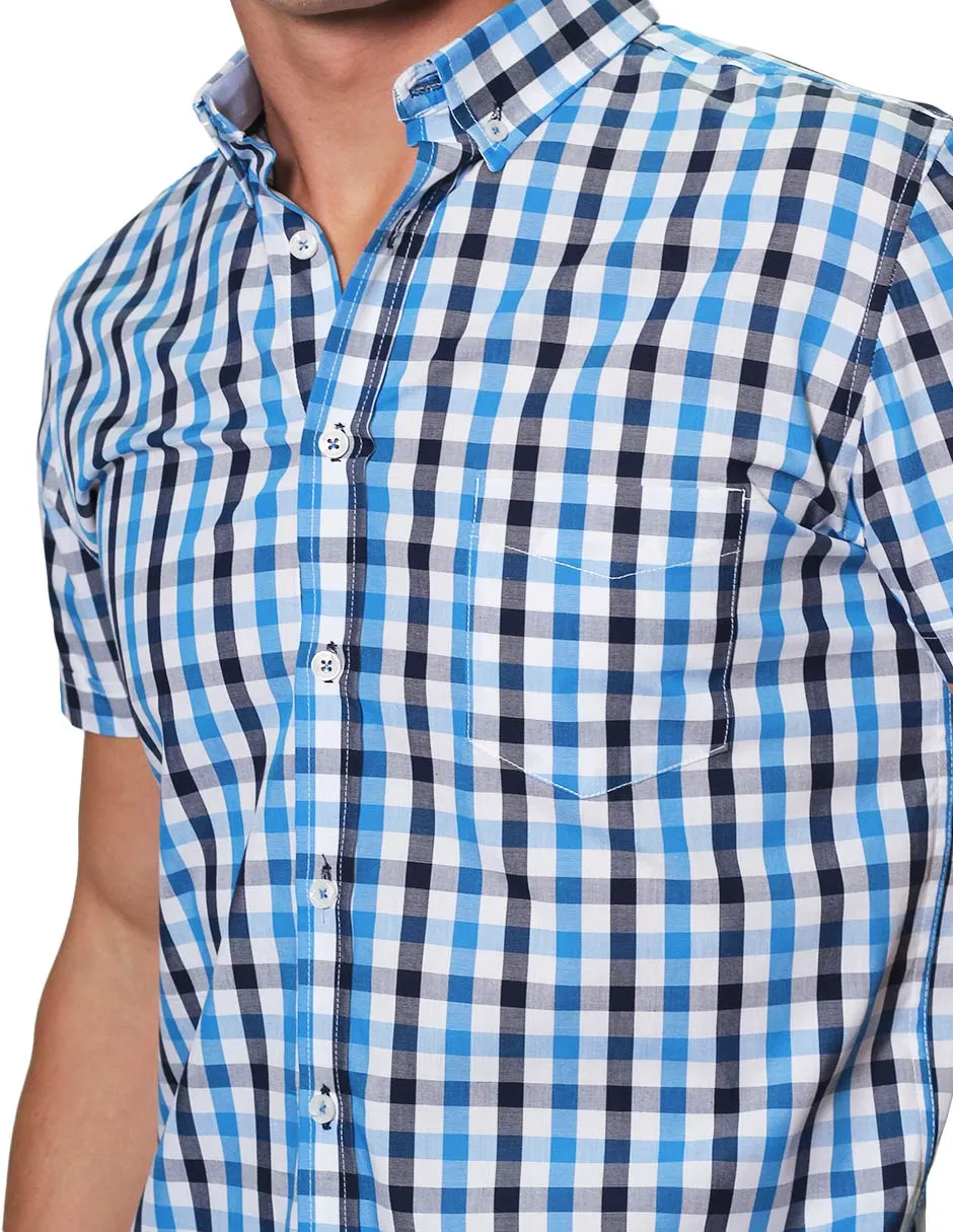 Camisas Para Hombre Manga Corta Cuadros Regular Fit B31251 Azul