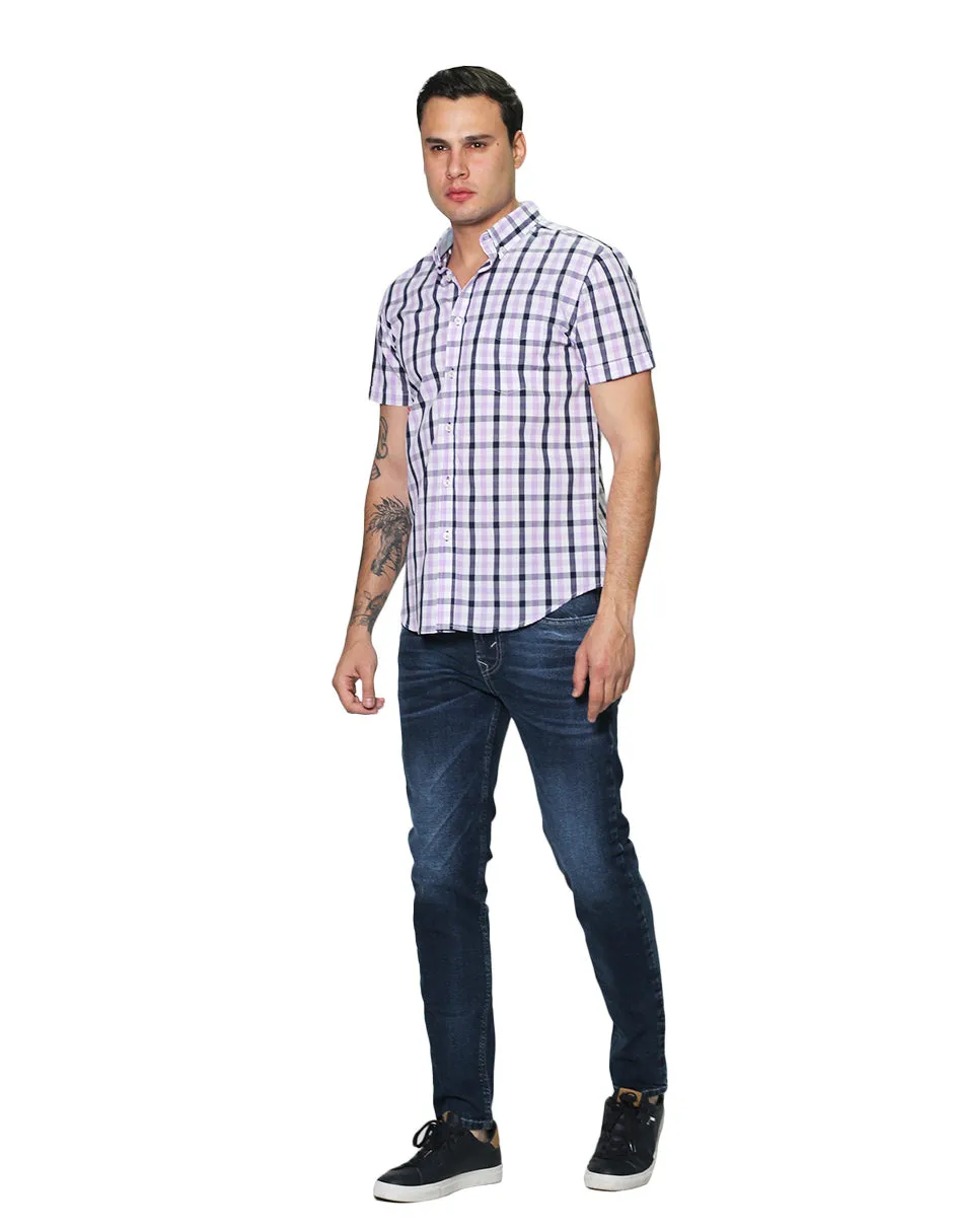 Camisas Para Hombre Manga Corta Cuadros Regular Fit B31251 Lila