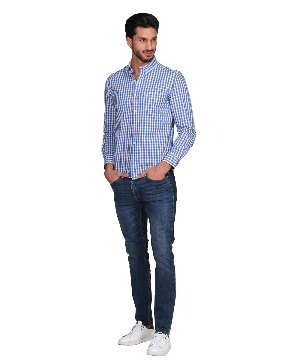 Camisas Para Hombre Manga Larga Regular Fit Cuadros Azul B21208