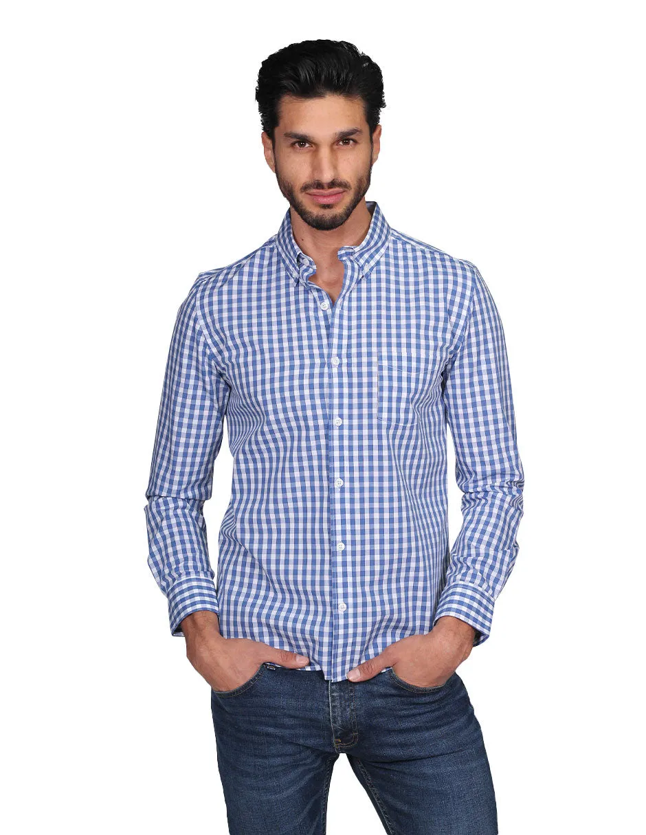 Camisas Para Hombre Manga Larga Regular Fit Cuadros Azul B21208
