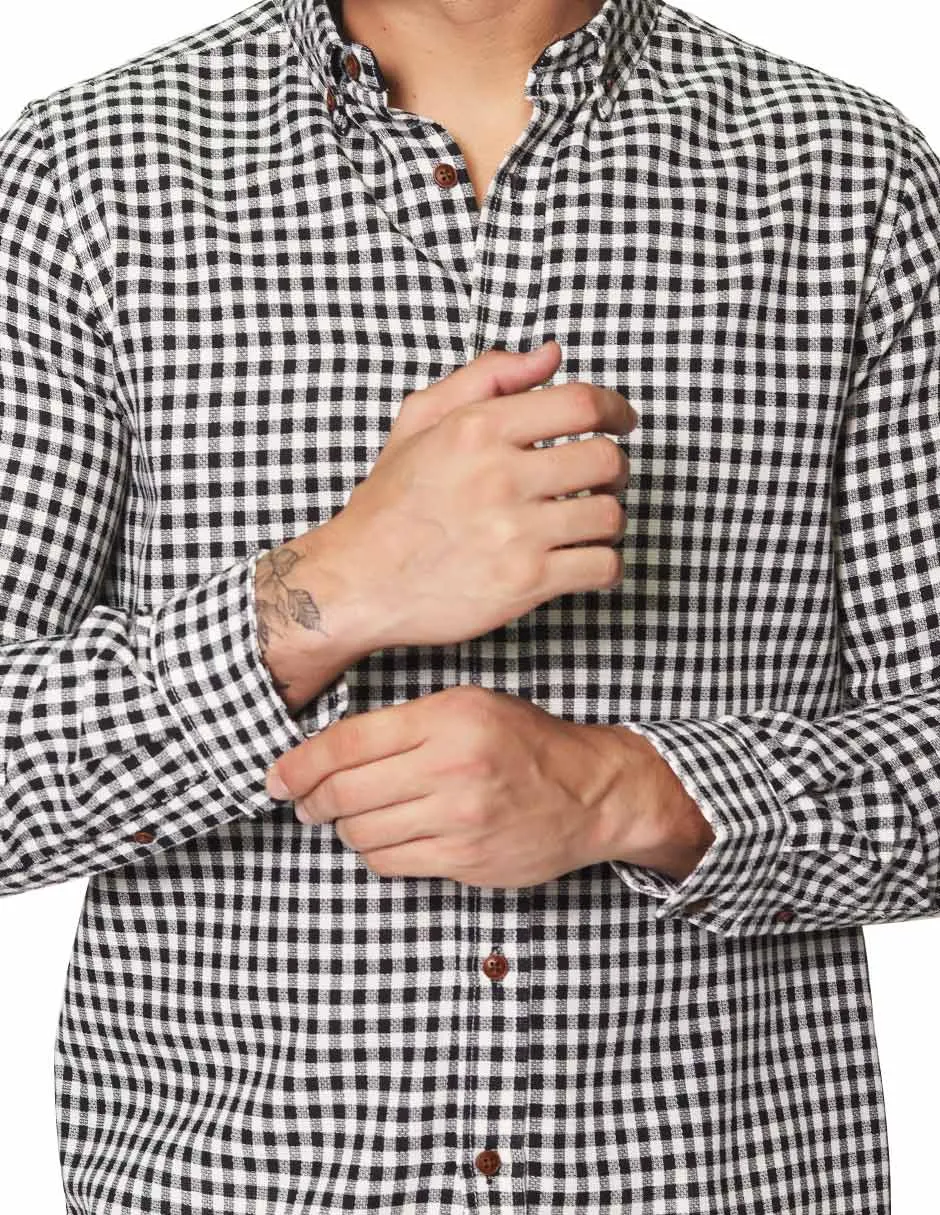 Camisas Para Hombre Tipo Lino Con Textura De Manga Larga Cuello Americano Con Estampado de Cuadros Regular Fit B41309 Negro