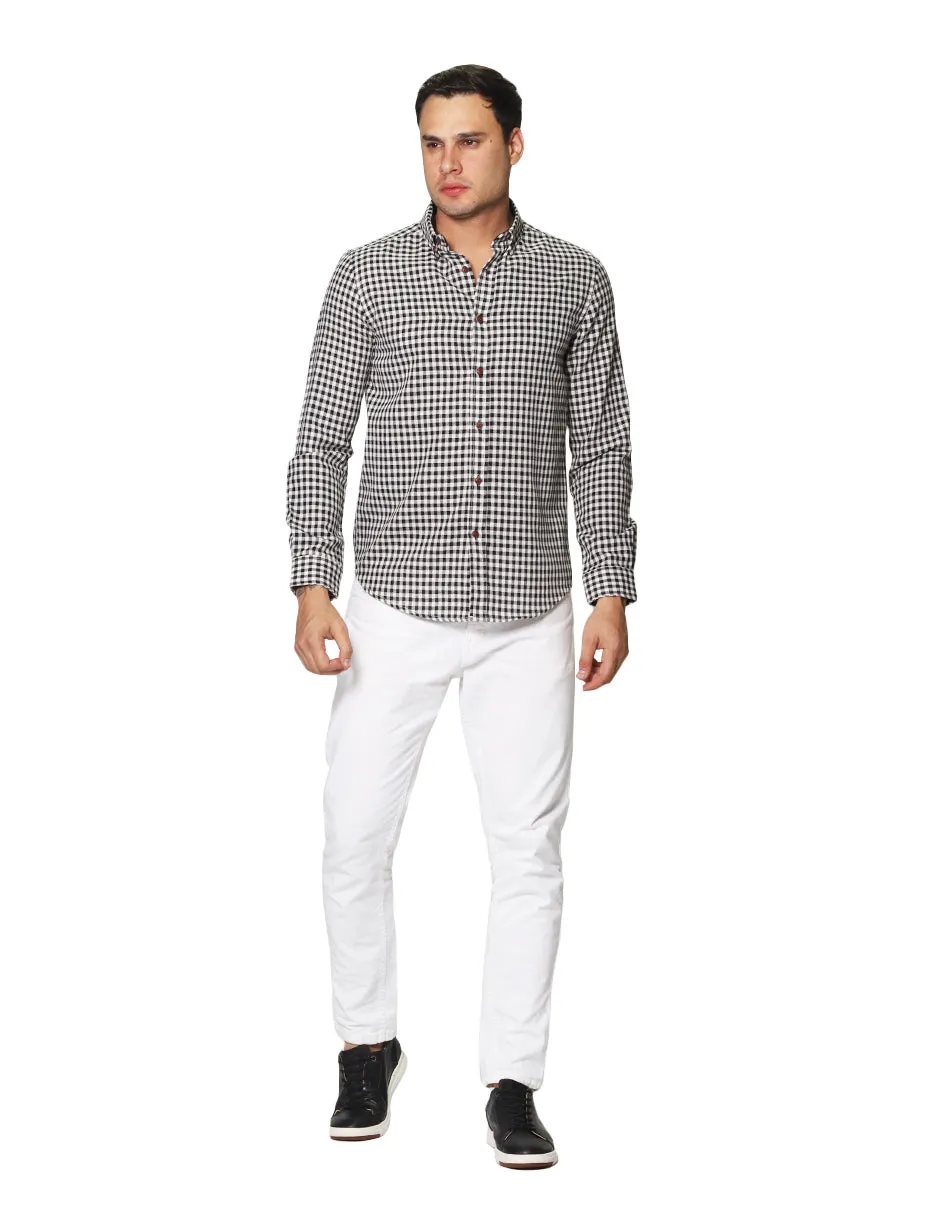 Camisas Para Hombre Tipo Lino Con Textura De Manga Larga Cuello Americano Con Estampado de Cuadros Regular Fit B41309 Negro