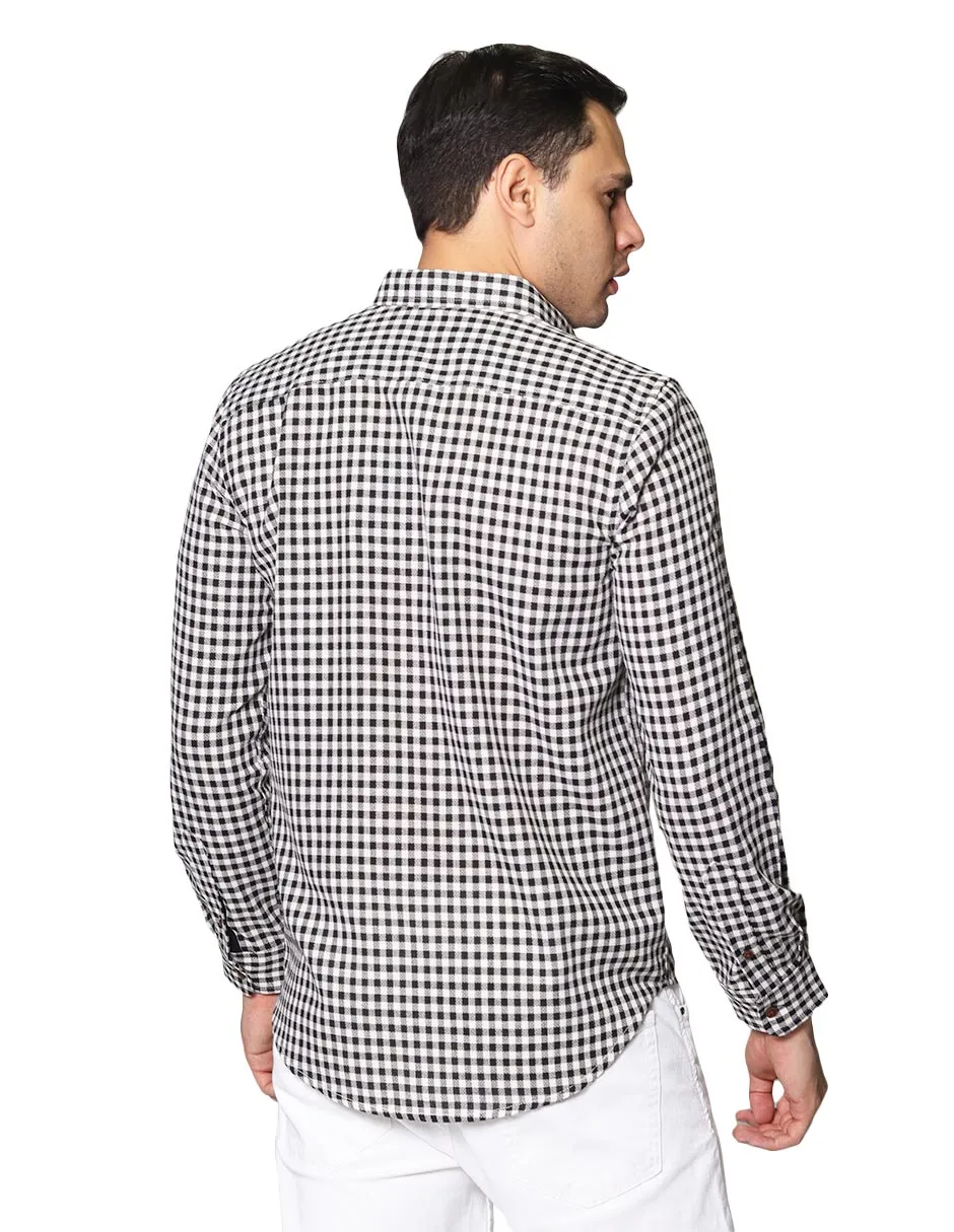 Camisas Para Hombre Tipo Lino Con Textura De Manga Larga Cuello Americano Con Estampado de Cuadros Regular Fit B41309 Negro