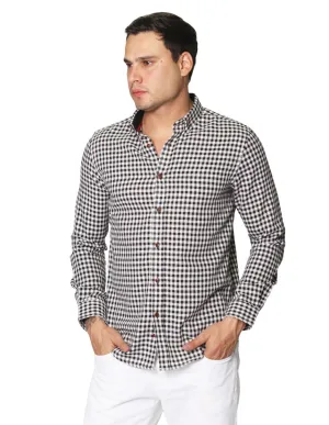 Camisas Para Hombre Tipo Lino Con Textura De Manga Larga Cuello Americano Con Estampado de Cuadros Regular Fit B41309 Negro