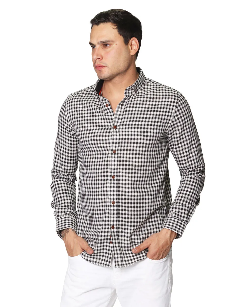 Camisas Para Hombre Tipo Lino Con Textura De Manga Larga Cuello Americano Con Estampado de Cuadros Regular Fit B41309 Negro