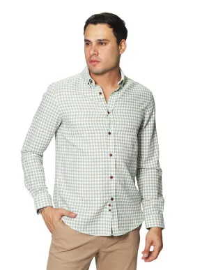 Camisas Para Hombre Tipo Lino Con Textura De Manga Larga Cuello Americano Con Estampado de Cuadros Regular Fit B41309 Verde