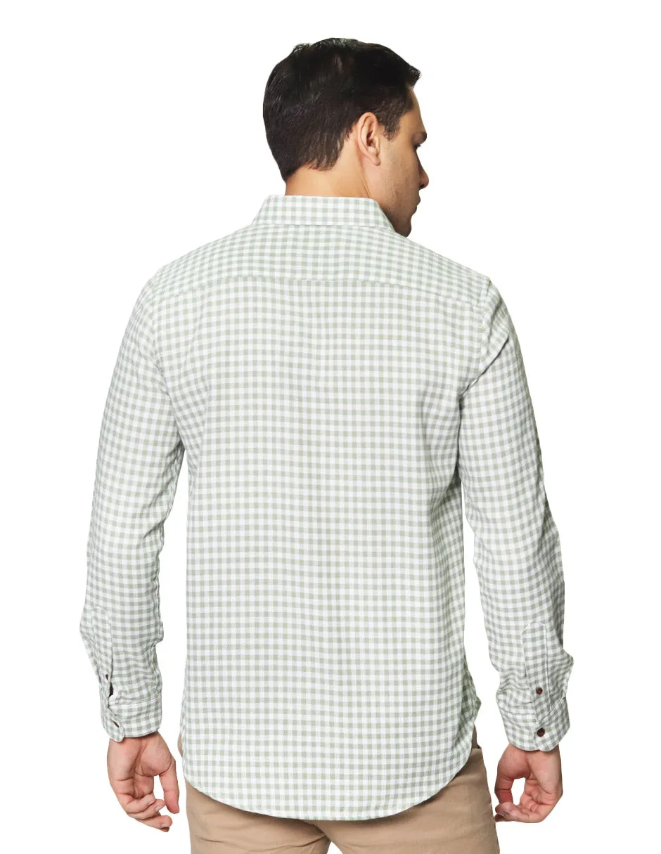 Camisas Para Hombre Tipo Lino Con Textura De Manga Larga Cuello Americano Con Estampado de Cuadros Regular Fit B41309 Verde