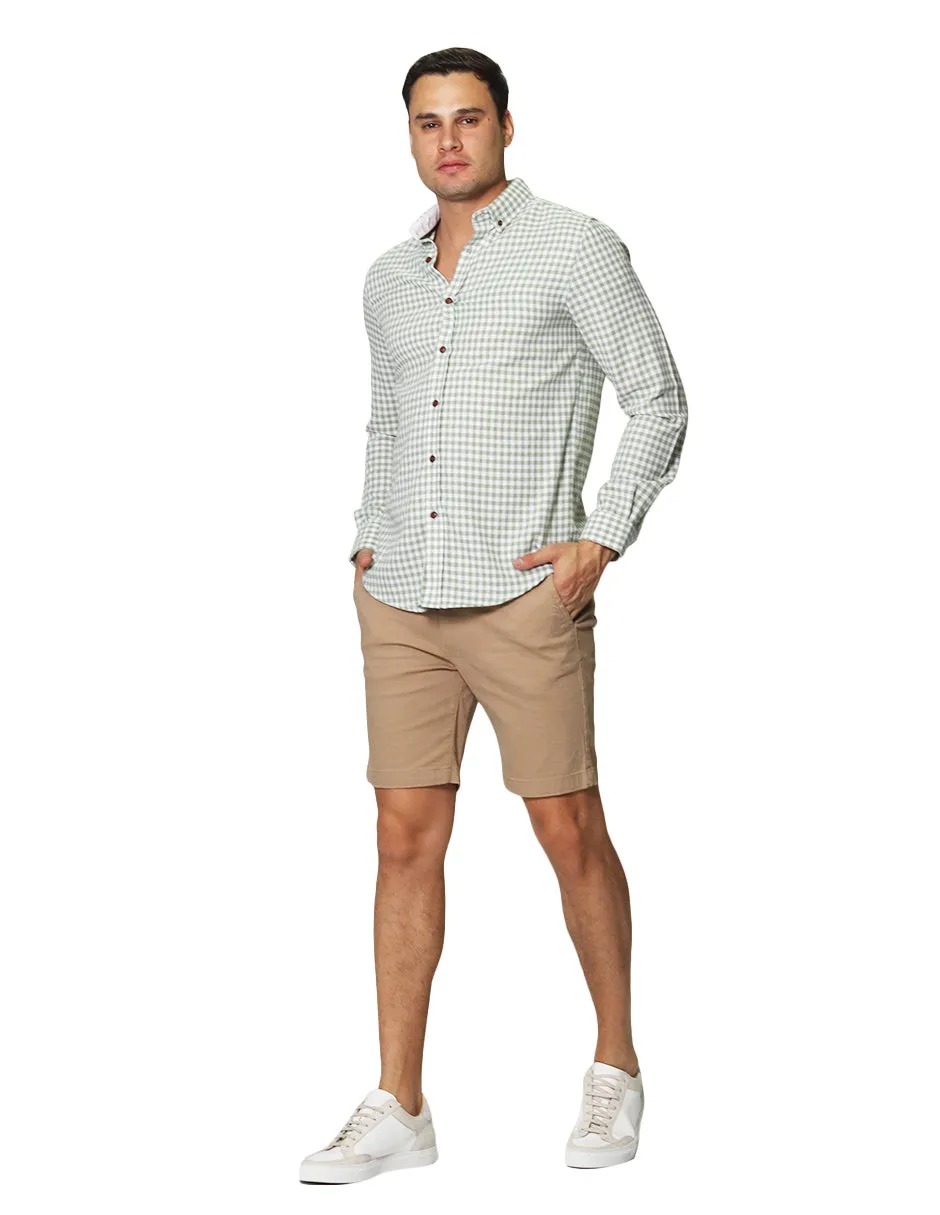 Camisas Para Hombre Tipo Lino Con Textura De Manga Larga Cuello Americano Con Estampado de Cuadros Regular Fit B41309 Verde