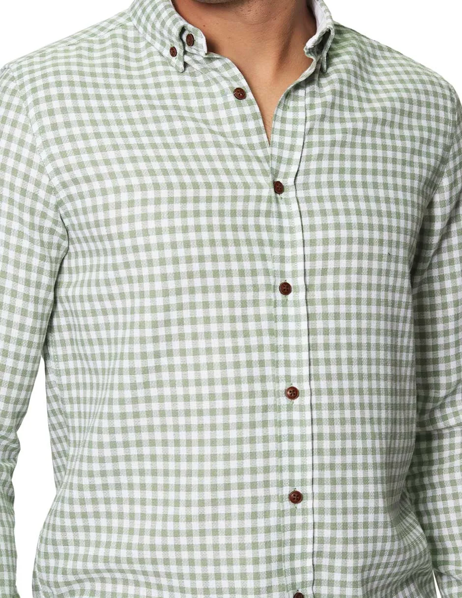 Camisas Para Hombre Tipo Lino Con Textura De Manga Larga Cuello Americano Con Estampado de Cuadros Regular Fit B41309 Verde
