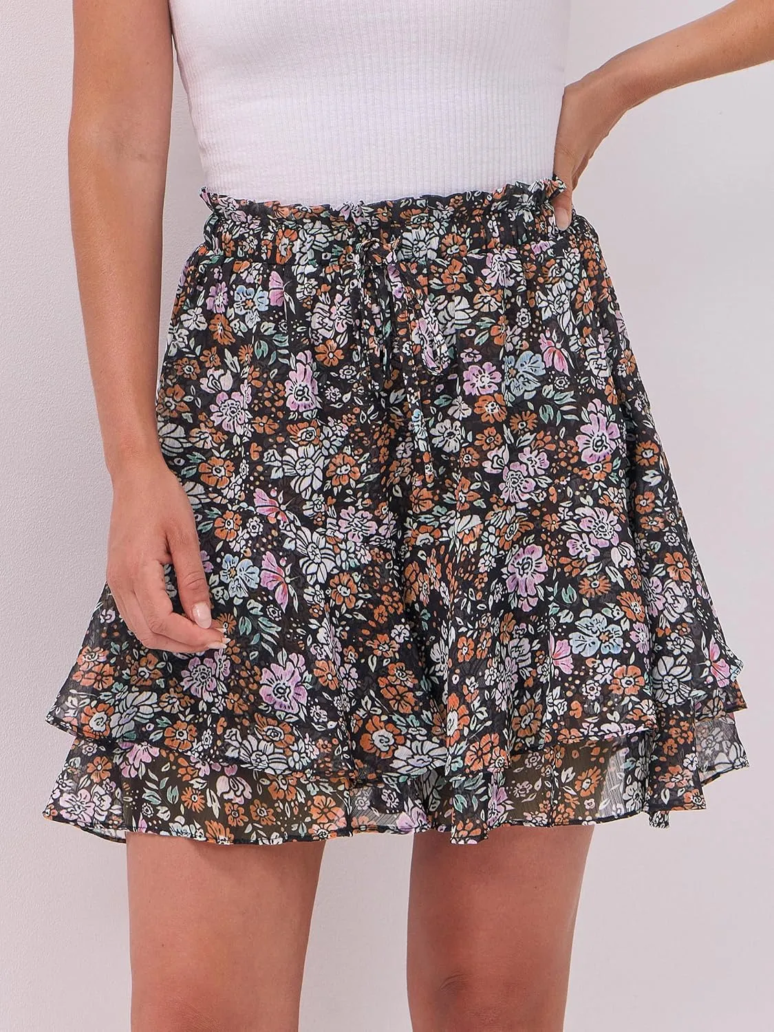 Caracilia Skorts for Women Boho Casual Beach Mini Skirts Summer Floral Ruffle Chiffon Flowy Shorts 2025 Trendy Outfits