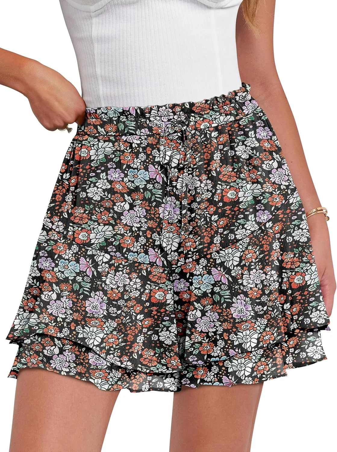 Caracilia Skorts for Women Boho Casual Beach Mini Skirts Summer Floral Ruffle Chiffon Flowy Shorts 2025 Trendy Outfits