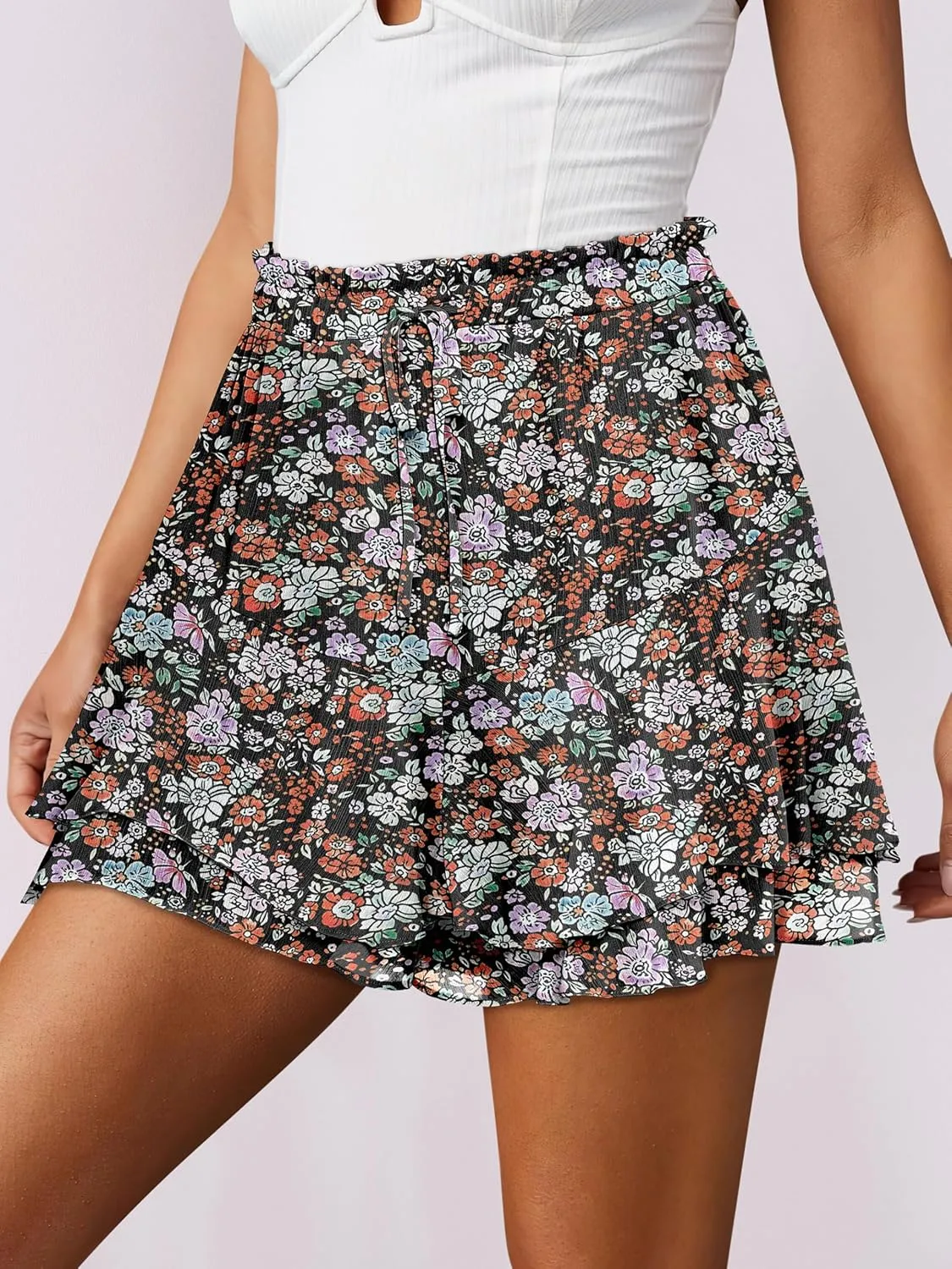 Caracilia Skorts for Women Boho Casual Beach Mini Skirts Summer Floral Ruffle Chiffon Flowy Shorts 2025 Trendy Outfits