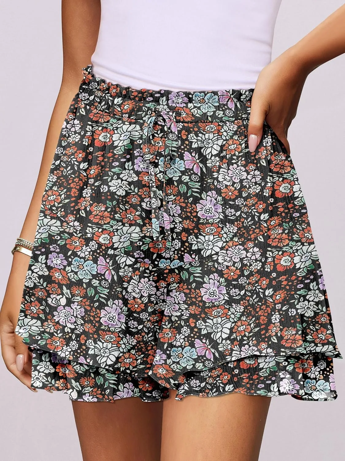 Caracilia Skorts for Women Boho Casual Beach Mini Skirts Summer Floral Ruffle Chiffon Flowy Shorts 2025 Trendy Outfits