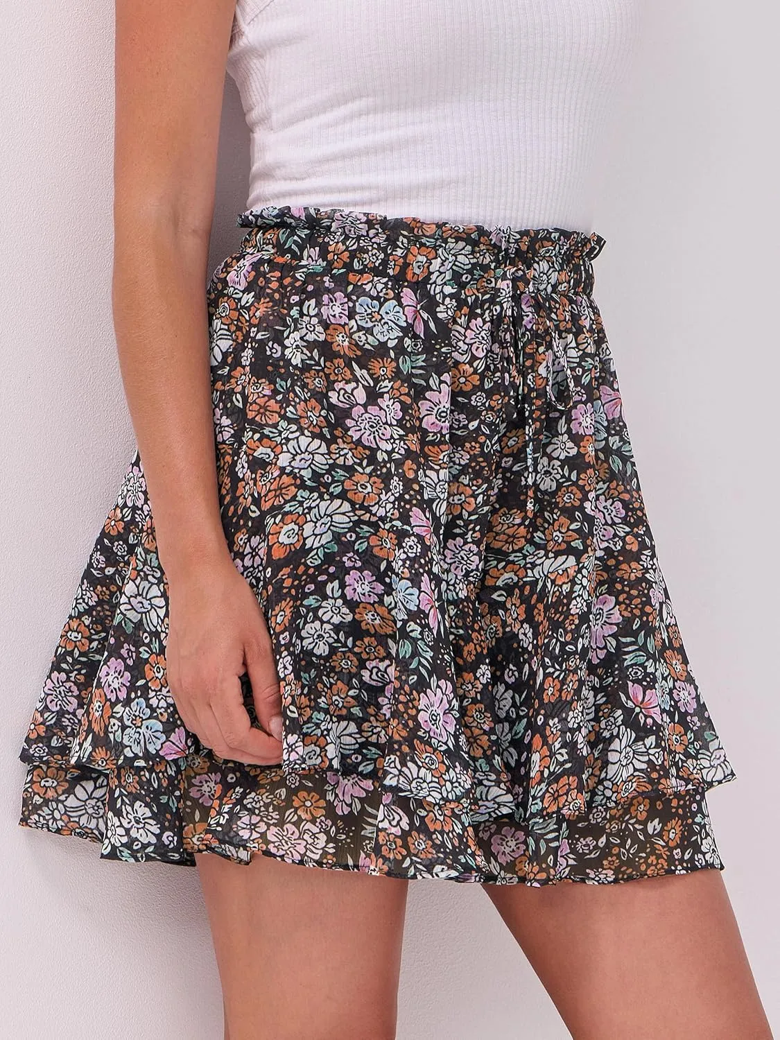 Caracilia Skorts for Women Boho Casual Beach Mini Skirts Summer Floral Ruffle Chiffon Flowy Shorts 2025 Trendy Outfits