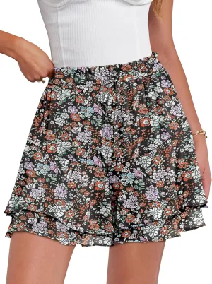 Caracilia Skorts for Women Boho Casual Beach Mini Skirts Summer Floral Ruffle Chiffon Flowy Shorts 2025 Trendy Outfits