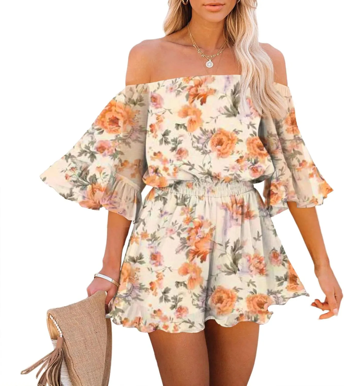 Fixmatti Women Boho Summer Romper Casual Floral Print Off Shoulder Strapless Shorts Jumpsuits