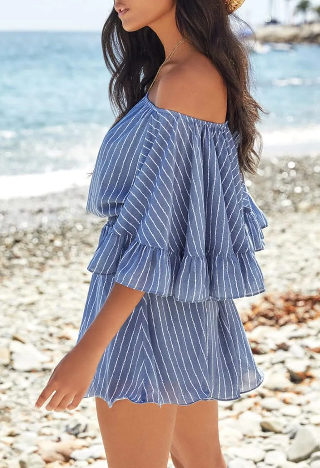 Fixmatti Women Boho Summer Romper Casual Floral Print Off Shoulder Strapless Shorts Jumpsuits
