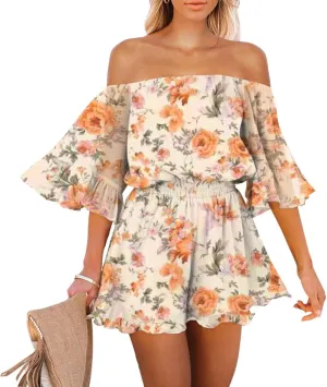 Fixmatti Women Boho Summer Romper Casual Floral Print Off Shoulder Strapless Shorts Jumpsuits