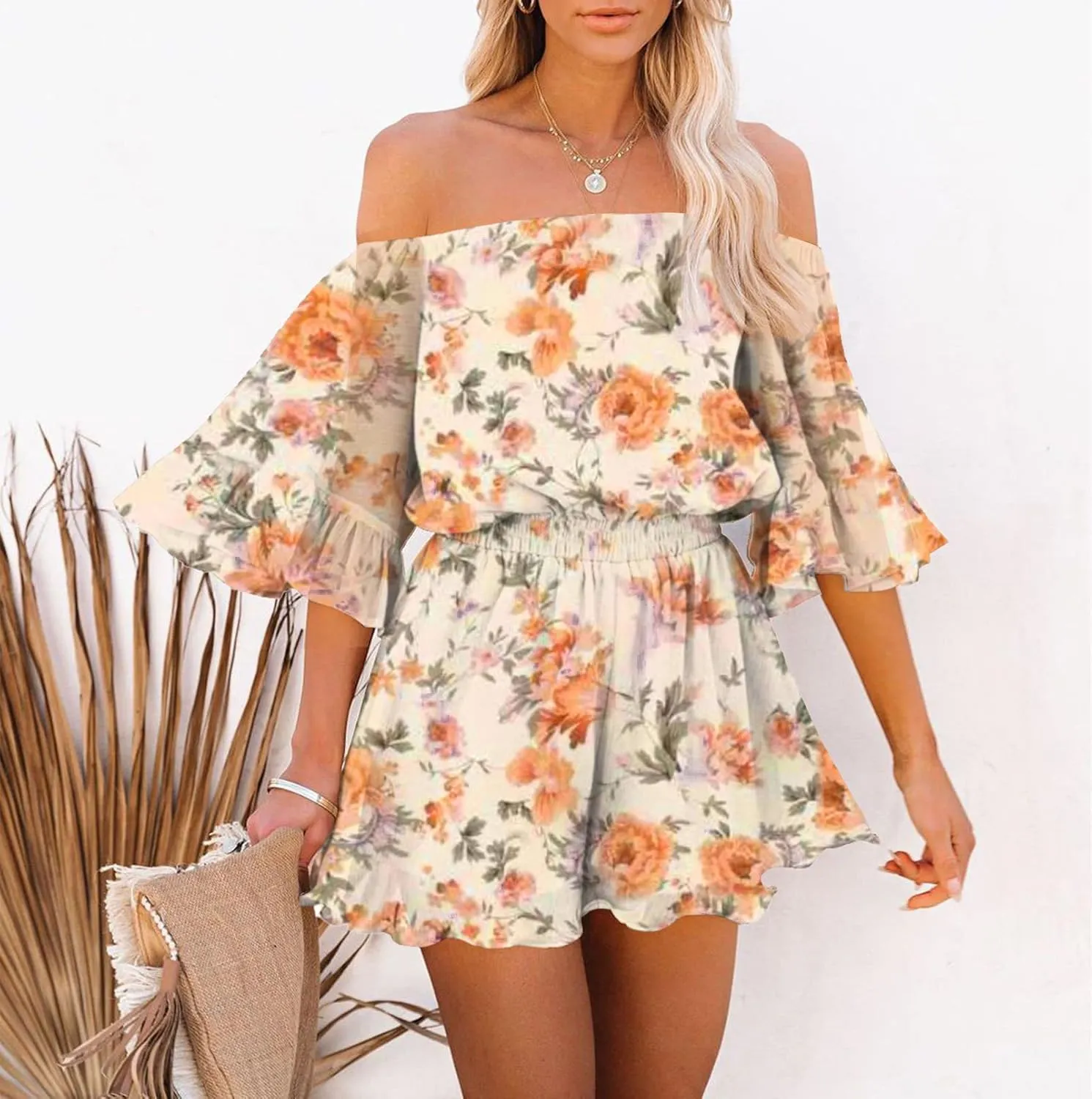 Fixmatti Women Boho Summer Romper Casual Floral Print Off Shoulder Strapless Shorts Jumpsuits