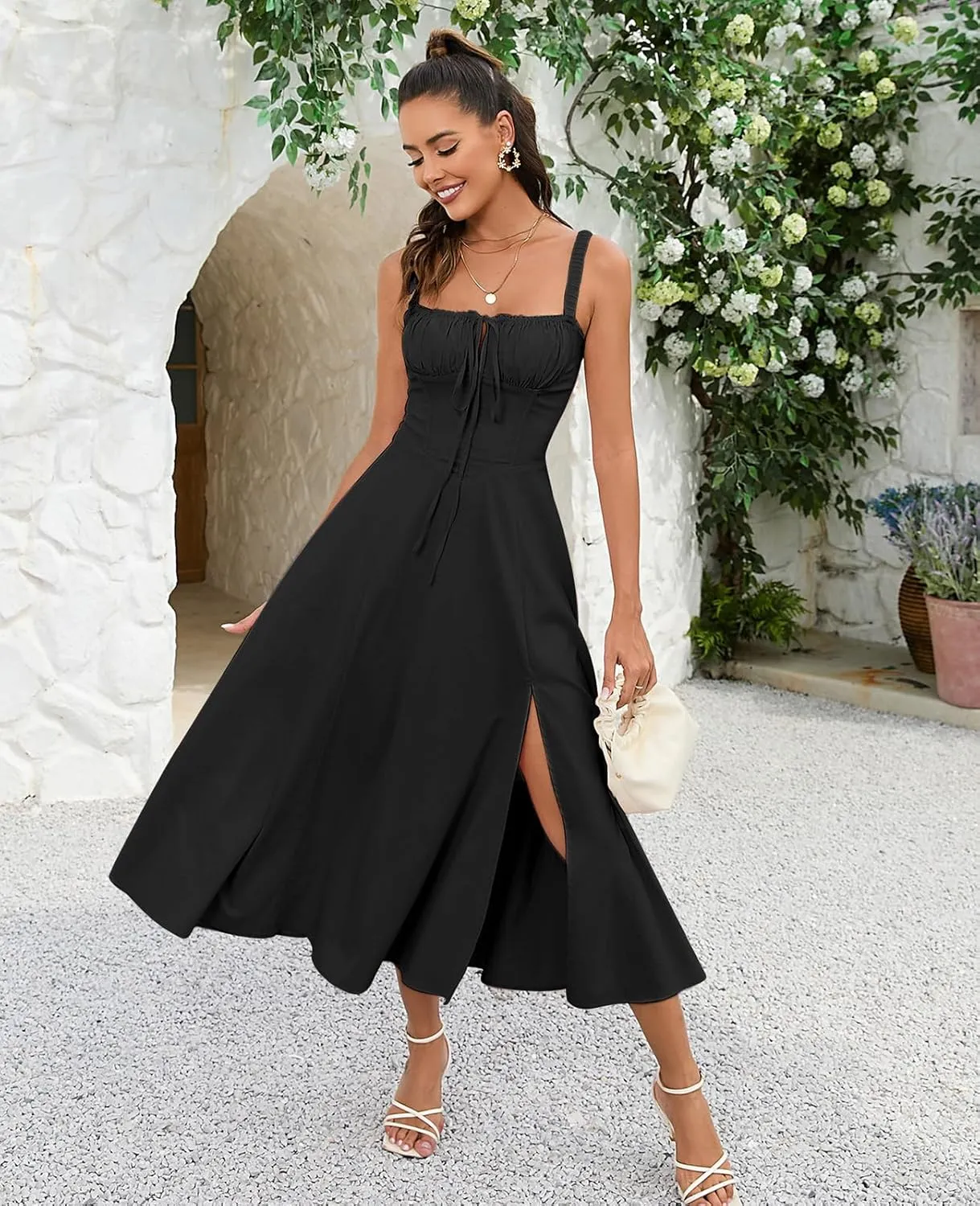 GLNEGE Women's Summer Milkmaid Midi Dresses Casual Corset Flowy Graduation Square Neck Dress Lace Up A-line Sundress 2025