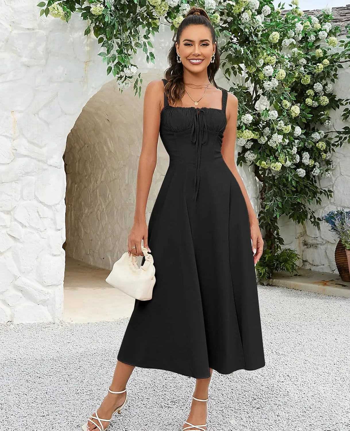 GLNEGE Women's Summer Milkmaid Midi Dresses Casual Corset Flowy Graduation Square Neck Dress Lace Up A-line Sundress 2025