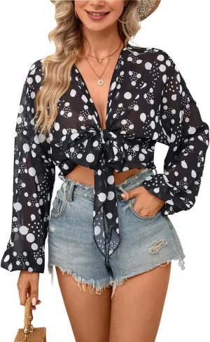 olrain Women Tie Front Beach Cove Up Chiffon Kimono Crop Top Swimming Bikini Bathing Long Sleeve Beach Shirt for Women