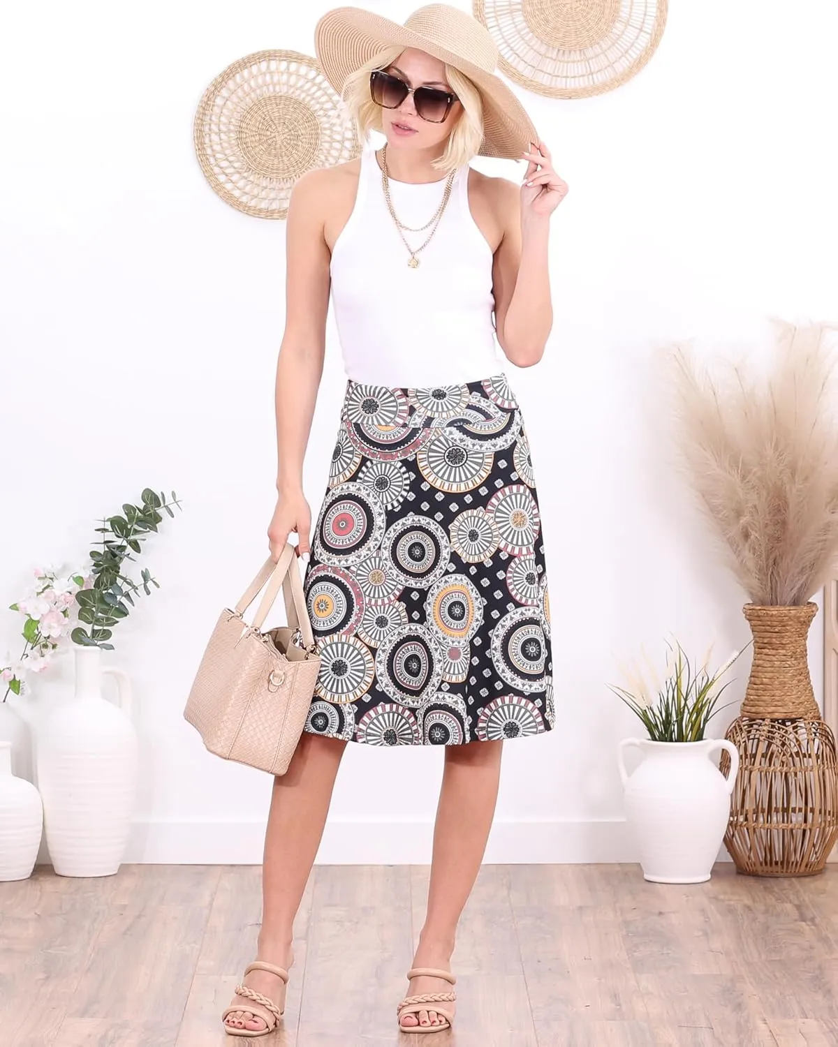 Popana Womens Casual Knee Length A-Line Stretch Midi Skirt Plus Size