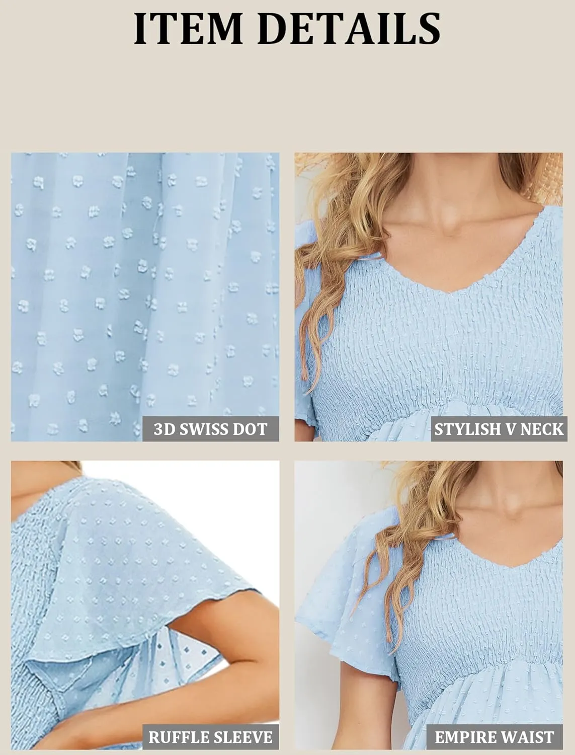 Swiss Dot Smocked Maternity Dress for Baby Shower Photoshoot Casual V Neck Ruffle Sleeve Empire Waist Tiered Boho Dress
