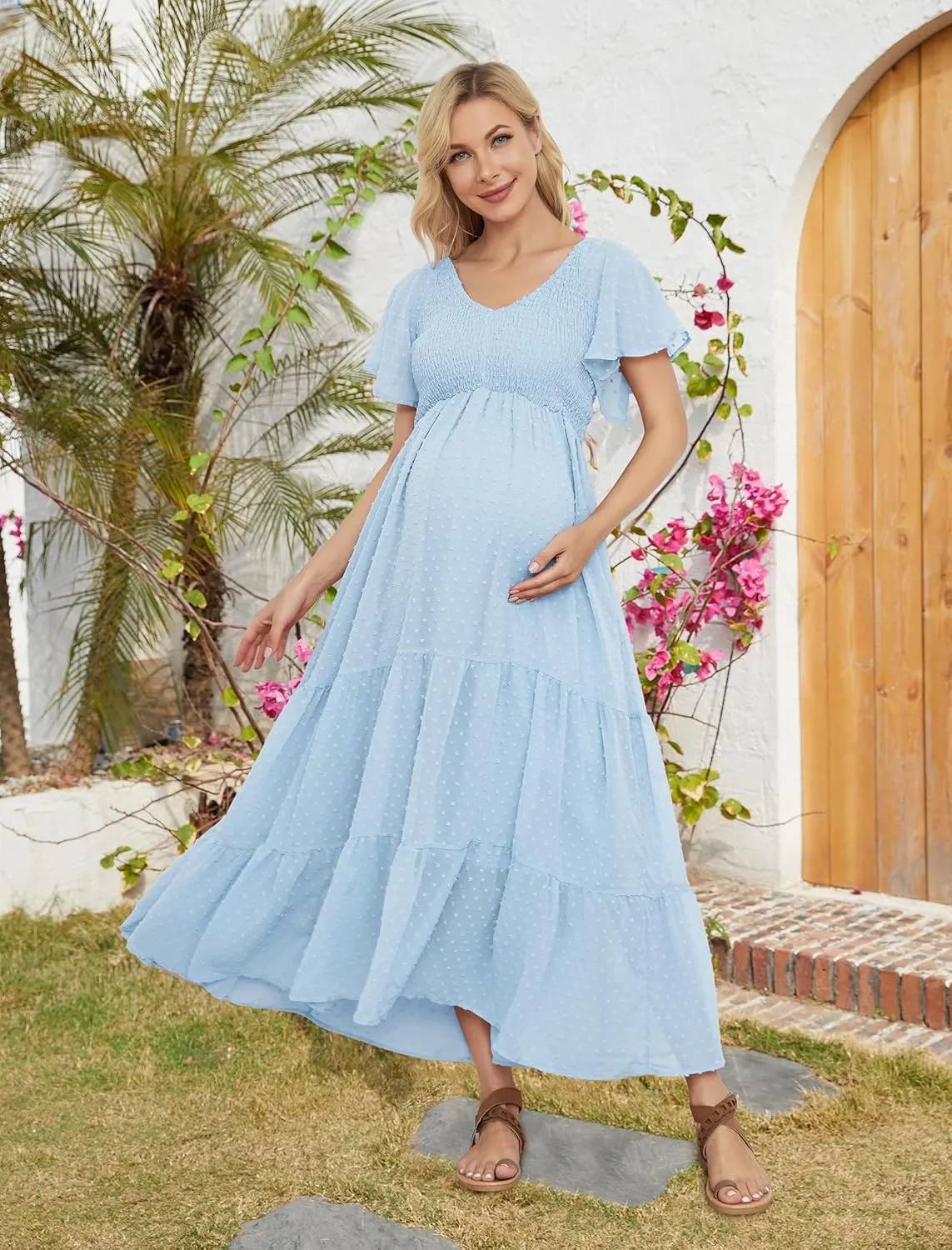Swiss Dot Smocked Maternity Dress for Baby Shower Photoshoot Casual V Neck Ruffle Sleeve Empire Waist Tiered Boho Dress