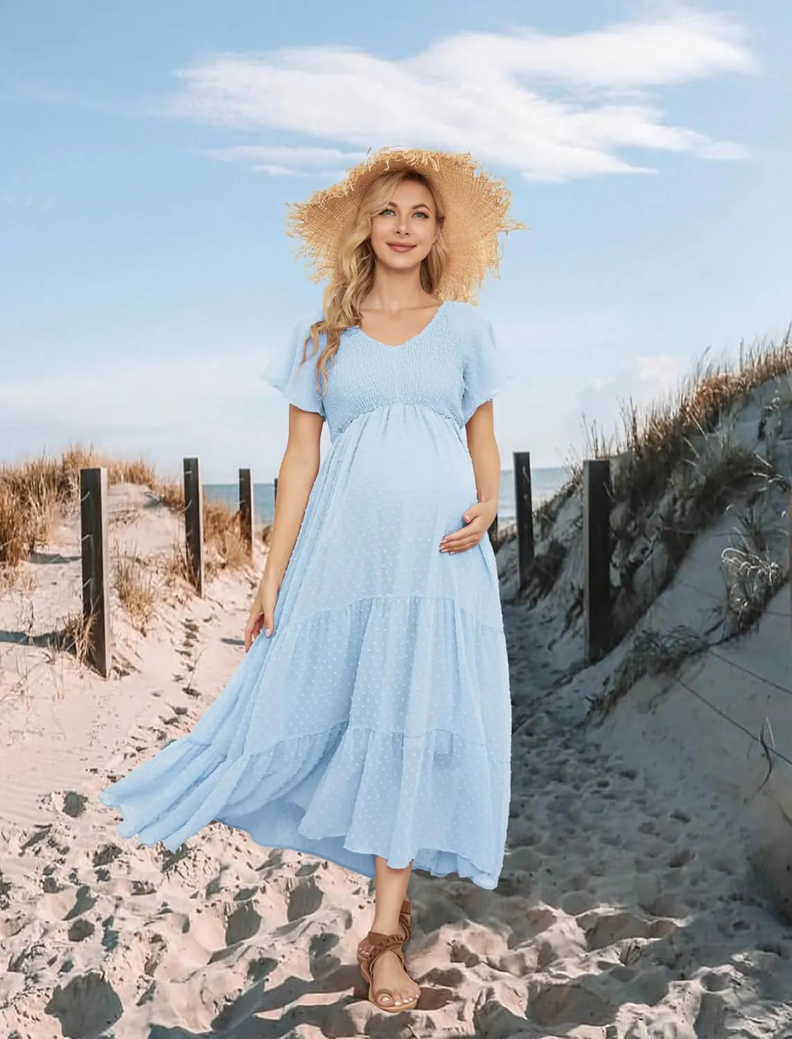 Swiss Dot Smocked Maternity Dress for Baby Shower Photoshoot Casual V Neck Ruffle Sleeve Empire Waist Tiered Boho Dress