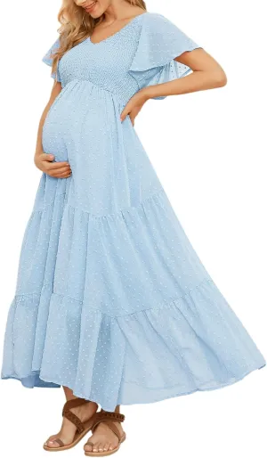 Swiss Dot Smocked Maternity Dress for Baby Shower Photoshoot Casual V Neck Ruffle Sleeve Empire Waist Tiered Boho Dress