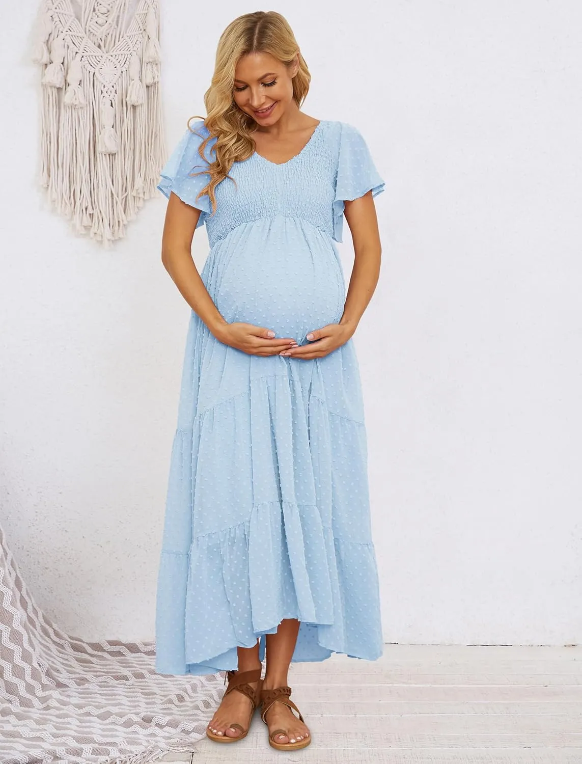 Swiss Dot Smocked Maternity Dress for Baby Shower Photoshoot Casual V Neck Ruffle Sleeve Empire Waist Tiered Boho Dress