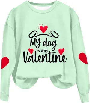 Valentines Day Shirts Women Love Heart Print Graphic Tees My Dog is My Valentine Long Sleeve Tops Dressy Casual