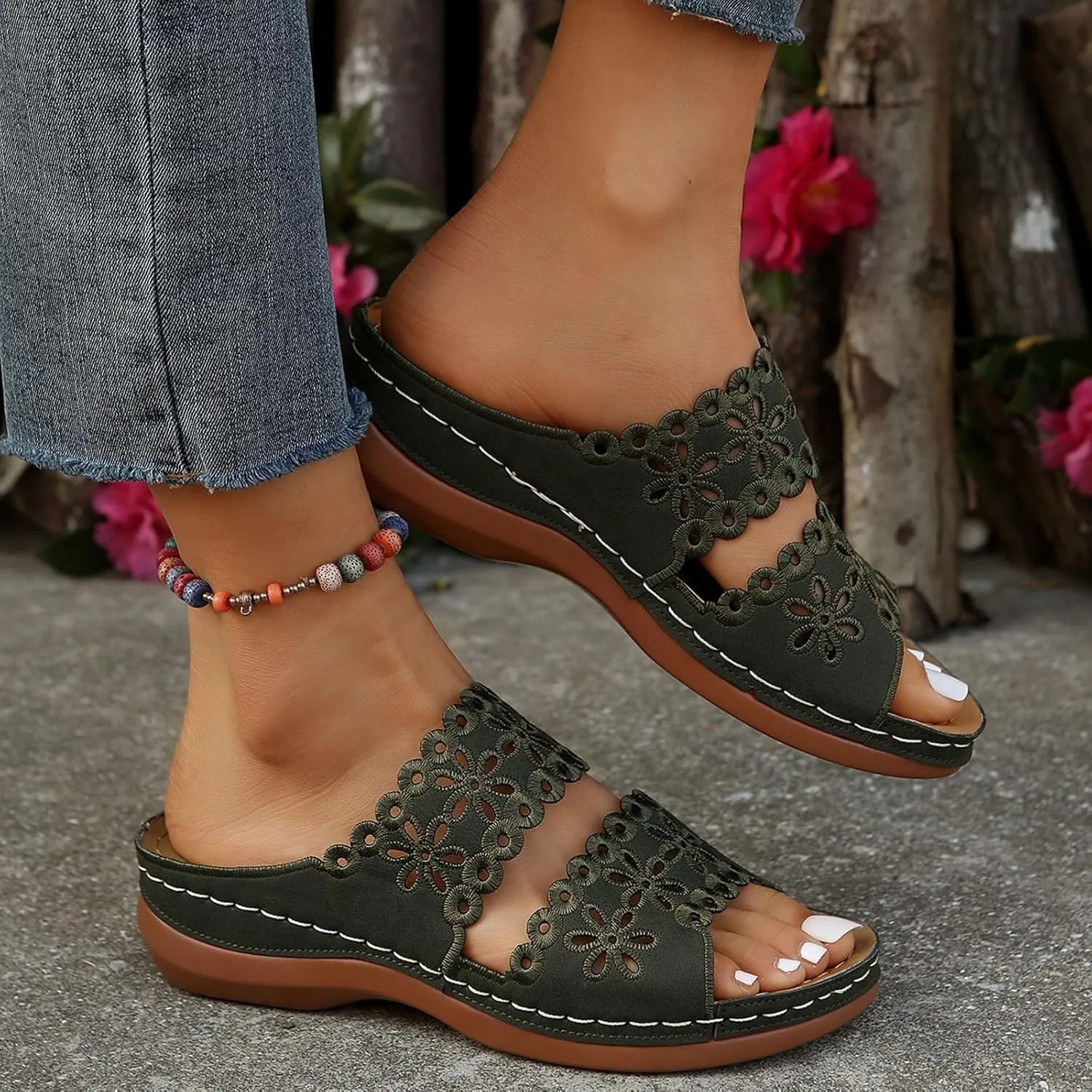 Walking Sandals for Women Open Toe Slip On Wedge Slides Arch Support Orthopedic Sandal Memory Foam Platform Shoes