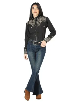 Women's Black Embroidered Long Sleeve Western Shirt El Señor de los Cielos GEN-44190