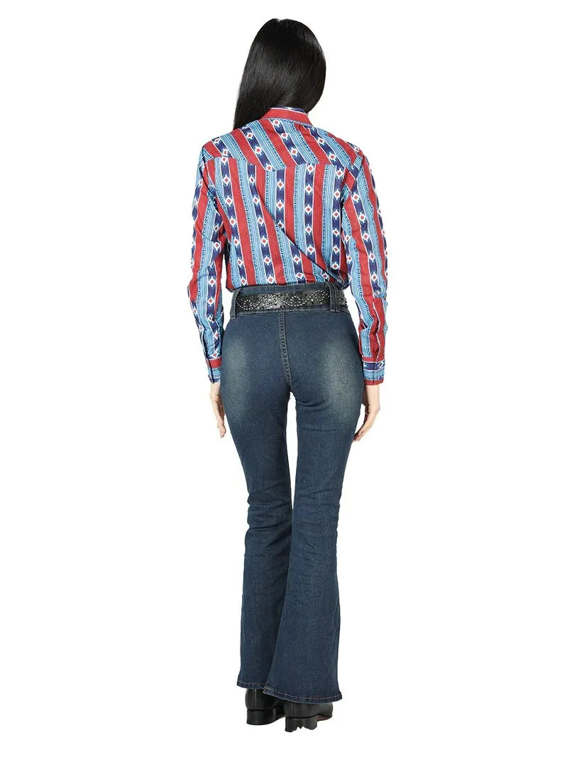 Women's Blue Print Long Sleeve Western Shirt El Señor de los Cielos